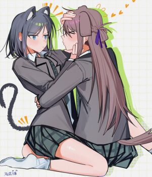 &gt;_&lt; 2girls animal_ears black_hair blue_eyes braid brown_hair cat_ears cat_girl cat_tail commentary dog_ears dog_girl dog_tail drawn_ears green_skirt grey_jacket haidao_mao half_up_braid hashtag-only_commentary highres hug jacket long_hair medium_hair miyagi_shiori multiple_girls no_shoes rejected_kiss school_uniform sendai_hazuki shirt shuuniichido_classmate_wo_kau_hanashi simple_background skirt socks tail white_background white_shirt white_socks yuri