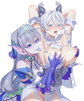 2girls armpits arms_behind_head blue_eyes blue_tongue blush breasts cleavage colored_tongue dress drill_hair duel_monster grabbing_another&#039;s_breast grey_eyes grey_hair groping highres kitkallos_(yu-gi-oh!) licking licking_armpit long_hair lovely_labrynth_of_the_silver_castle multiple_girls nipple_stimulation nipples open_mouth rare_lemon simple_background slit_pupils strapless strapless_dress tearlaments_kitkallos tongue tongue_out twin_drills white_background white_dress yu-gi-oh! yuri