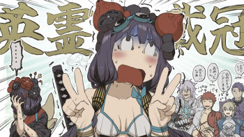 3boys 3girls artoria_pendragon_(fate) bikini black_hair blonde_hair blush breasts cleavage commentary double_v dual_persona embarrassed emiya_shirou eyewear_on_head fate/grand_order fate_(series) hair_ornament hand_on_own_face highres katsushika_hokusai_(fate) katsushika_hokusai_(swimsuit_saber)_(fate) lancelot_(fate/grand_order) lancelot_(first_ascension)_(fate/grand_order) long_hair multiple_boys multiple_girls nichijou nonone_(the9thxsheep) open_mouth parody red_hair saber_(fate) senji_muramasa_(fate) short_hair siegfried_(fate) sweat swimsuit translation_request trembling v white_bikini white_hair