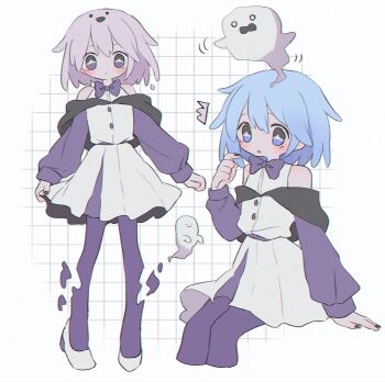 Rule 34 | 2girls, black eyes, black nails, blue eyes, blue hair, blush, bow, bowtie, bright pupils, closed mouth, commentary request, commission, double-parted bangs, ghost, grey hair, hair between eyes, high heels, highres, long sleeves, multicolored eyes, multiple girls, original, pantyhose, purple bow, purple bowtie, purple eyes, purple pantyhose, ri (qrcode), shoes, short hair, sidelocks, sitting, skeb commission, white pupils, white shoes