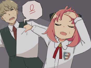 1boy 1girl adoptive_parent_and_adoptive_child anya_(spy_x_family) blonde_hair closed_eyes collared_shirt commentary_request father_and_daughter green_vest grey_background hairpods highres holding holding_paper medium_hair meme naoya_hitting_choso_without_looking_(meme) necktie ohana_630 paper pink_hair red_necktie red_ribbon ribbon shirt short_hair simple_background spy_x_family sweatdrop teeth test_score twilight_(spy_x_family) upper_teeth_only vest