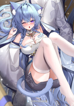 1girl absurdres animal_ear_fluff animal_ears antenna_hair arm_above_head blue_nails blush breasts cat_ears cat_girl cat_tail character_request china_dress chinese_clothes chinese_commentary cleavage commentary_request crossed_bangs detached_sleeves dress furrowed_brow hair_between_eyes hair_intakes hair_spread_out highres indie_virtual_youtuber knees_up large_breasts light_particles long_hair long_sleeves looking_ahead lying nail_polish on_back one_eye_closed open_mouth pomegranate_nana print_sleeves purple_eyes solo tail thighhighs thighs very_long_hair virtual_youtuber white_thighhighs wide_sleeves
