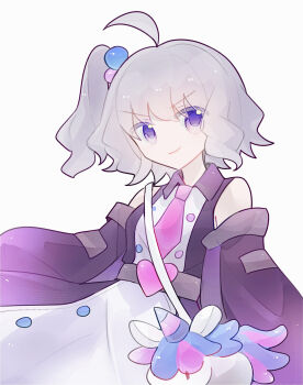 Rule 34 | >:), 1girl, ahoge, bag, breasts, buckle, buttons, closed mouth, commentary, commentary request, detached sleeves, dress, grey hair, grey trim, hair bobbles, hair ornament, heart, heart-shaped buckle, highres, long sleeves, medium breasts, multicolored hair bobbles, necktie, off shoulder, original, partial commentary, pink necktie, ponytail, purple dress, purple eyes, short hair, short ponytail, solo, stuffed unicorn, two-tone dress, typhoonkrosa, unicorn, upper body, v-shaped eyebrows, white background, white dress