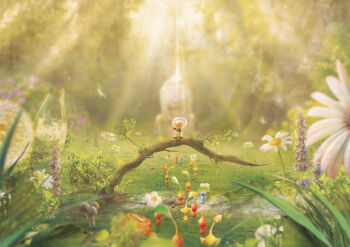 1boy alien big_nose blue_pikmin blue_skin branch brown_hair bud buttons closed_eyes colored_skin commentary daisy_(flower) dandelion dandelion_clock dandelion_seed english_commentary flower forest from_behind gloves grass helmet landscape lavender_(flower) leaf nature nintendo olimar orioto outdoors outstretched_arm pellet_(pikmin) pikmin_(creature) pikmin_(series) pikmin_1 pointing pointy_ears radio_antenna red_gloves red_pikmin red_skin river s.s._dolphin short_hair space_helmet spacesuit sunlight tiny tree very_short_hair whistle white_flower yellow_pikmin yellow_skin