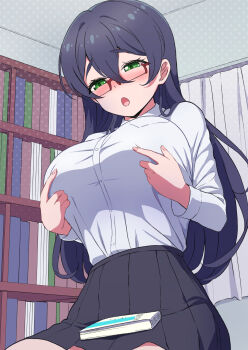 Rule 34 | 1girl, black hair, black skirt, blush, book, book on lap, bookshelf, breasts, collared shirt, commentary request, cowboy shot, curtains, double-parted bangs, dress shirt, fingernails, glasses, green eyes, hair between eyes, half-closed eyes, hands up, highres, indoors, large breasts, long bangs, long hair, long sleeves, nose blush, open mouth, original, pleated skirt, raised inner eyebrows, red-framed eyewear, sakamata (sakamata4), school uniform, semi-rimless eyewear, shirt, skirt, solo, straight hair, under-rim eyewear, variant set, white shirt