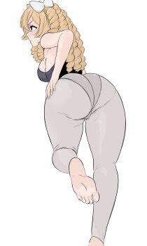 Rule 34 | 1girl, absurdres, ass, ass focus, backboob, barefoot, black shirt, blonde hair, bow, breasts, curly hair, feet, fire emblem, fire emblem awakening, foot focus, grey leggings, hair bow, highres, leg up, leggings, looking to the side, maribelle (fire emblem), medium breasts, nintendo, panties, panties under leggings, panties visible through clothes, pantylines, red eyes, shirt, soles, solo, sweat, sweatdrop, tavi (hosheezus), toes, underwear, white bow