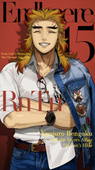 1boy ^_^ alternate_costume badge belt belt_buckle blonde_hair blue_jacket blue_pants brown_belt buckle closed_eyes collarbone collared_shirt contemporary cover cowboy_shot crossed_arms denim english_text eyewear_hang facing_viewer fake_magazine_cover forked_eyebrows glasses grin hashimoto_(yanagi-momo) highres holding jacket jacket_on_shoulders jeans jewelry kimetsu_no_yaiba long_hair magazine_cover male_focus multicolored_hair muscular muscular_male pants red_background red_belt red_hair rengoku_kyoujurou shirt sleeves_rolled_up smile solo streaked_hair teeth thick_eyebrows two-tone_hair unworn_eyewear unworn_jacket watch white_shirt wristwatch