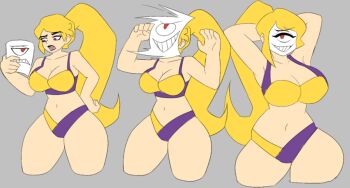 1girl alternate_costume bikini blonde_hair breasts cleavage covered_face curvy eyeshadow fold_(gameoverse) gameoverse glitch_productions highleg highleg_bikini highres huge_breasts large_breasts lipstick long_hair looking_at_viewer makeup micro_bikini miss_information_(gameoverse) moonlightmik3 multicolored_bikini official_alternate_costume ponytail possessed possession purple_bikini purple_eyes purple_lips short_hair single_eye strap_gap swimsuit thick_thighs thighs thong thong_bikini underboob wide_hips yellow_bikini