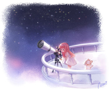 &gt;_o 1girl afterimage animal artist_request balcony bare_arms bare_shoulders black_eyes blunt_bangs blush_stickers border bow bowtie brown_eyes capelet cat chinese_commentary clothed_animal commentary_request copyright_name curious deformed dress ear_covers full_body hands_on_lap hood hood_up hooded_capelet leaning_forward long_hair looking_through_scope medium_dress momo_(nikki) night night_sky nikki_(nikki) nikki_(series) official_art one_eye_closed open_mouth orange_bow orange_bowtie outdoors pink_hair pleated_dress second-party_source shadow shining_nikki sky solid_oval_eyes star_(sky) starry_sky sundress telescope very_long_hair waving_arms wavy_hair wavy_mouth whiskers white_border white_cat white_dress yellow_capelet