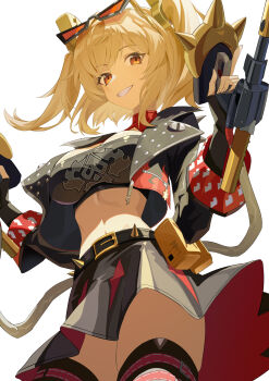 Rule 34 | 1girl, absurdres, black jacket, black skirt, black thighhighs, black tube top, blonde hair, breasts, burnice white, eyewear on head, flamethrower, highres, holding, holding flamethrower, holding weapon, jacket, large breasts, looking at viewer, miniskirt, parted lips, red eyes, short hair, simple background, skirt, smile, solo, stomach, strapless, szai, teeth, thighhighs, thighs, tube top, twintails, weapon, white background, zenless zone zero