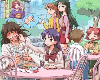 2boys 4girls ad ahoge artist_name ass bag bishoujo_senshi_sailor_moon black_eyes black_hair blue_pants blue_sky blush bob_cut bow bowtie breasts brown_eyes brown_hair brown_sailor_collar brown_shoes brown_skirt bubble_tea building burger bush car chair city closed_eyes closed_mouth collared_shirt commentary covered_eyes crayon_shin-chan crossover cup dated dating disposable_cup drink drinking_straw facial_hair flustered food food_on_face glasses goatee_stubble green_bow green_eyes green_hair green_skirt grey_shirt hair_bow hair_over_eyes hairband hand_up high_ponytail highres hino_rei holding holding_cup index_finger_raised isedaichi_ken ishizaka_midori japanese_clothes kanzaki_sumire kimono kumada_yuuichirou long_hair looking_at_another looking_to_the_side matsuzaka_ume mcdonald&#039;s medium_breasts mooning motor_vehicle multiple_boys multiple_crossover multiple_girls neckerchief nohara_shinnosuke obi oosaka_naru open_mouth outdoors pants pink_bag pink_shirt pleated_skirt ponytail poster_(object) purple_hairband purple_kimono red_bow red_neckerchief red_skirt round_table sailor_collar sakura_taisen sash school_uniform serafuku shirt shoes short_hair shoulder_bag sitting skirt sky small_breasts smile speech_bubble spilling spoken_character standing stubble suspenders sweat table tomizawa_michie translated tree twitter_username umino_gurio voice_actor_connection walking white_shirt yellow_sash yellow_shirt