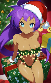 1girl areola_slip blue_eyes breasts christmas christmas_lights christmas_present christmas_tree cleavage closed_mouth commentary dark-skinned_female dark_skin english_commentary gift hat large_breasts long_hair looking_at_viewer pointy_ears ponytail purple_hair revenantart santa_hat shantae shantae_(series) sitting smile solo
