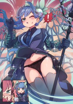 2girls absurdres aromage_rosemary aromalilith_rosemary aroused_nosebleed black_panties blue_dress blue_eyes blue_hair blush c_civciv character_request clothes_lift cowboy_shot dress dress_lift duel_monster highres holding holding_staff long_hair multiple_girls multiple_wings nosebleed one_eye_closed panties solo_focus staff thighhighs underwear wind wind_lift wings yu-gi-oh!