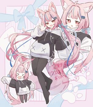 &gt;_&lt; 1girl :d :o absurdres ahoge animal_ear_fluff animal_ears artist_name black_hoodie black_pantyhose blue_bow blue_streaks blunt_bangs blush bow cat chibi collarbone commentary commission drawstring fang fox_ears fox_girl fox_tail full_body hair_bow hair_intakes hair_ornament hand_up head_tilt highres hood hood_down hoodie jitome komerina long_hair long_sleeves looking_at_viewer low_twintails multicolored_hair multicolored_hoodie multiple_views no_nose no_shoes open_mouth original pantyhose parted_lips paw_print pink_background pink_hair puffy_long_sleeves puffy_sleeves red_eyes sidelocks signature skin_fang sleeves_past_fingers sleeves_past_wrists smile smug standing standing_on_one_leg star-shaped_pupils star_(symbol) streaked_hair symbol-shaped_pupils tail translated twintails two-tone_hoodie v-shaped_eyebrows very_long_hair waving white_hoodie