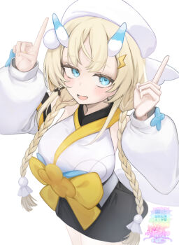 Rule 34 | 1girl, bare shoulders, black skirt, blonde hair, blue bow, blue eyes, blue horns, blush, bow, braid, breasts, cowboy shot, detached sleeves, ee3 jp212, hair ornament, hair over shoulder, hakama, hakama skirt, hands up, hat, headset, horns, index fingers raised, japanese clothes, kadou mikaru, kimono, large breasts, lightning bolt, lightning bolt hair ornament, lightning bolt symbol, long sleeves, low twin braids, miniskirt, multicolored horns, nijisanji, no jacket, obi bow, open mouth, pom pom (clothes), pom pom hair ornament, puffy long sleeves, puffy sleeves, sidelocks, simple background, skirt, solo, teruterubouzu, twin braids, two-tone horns, upturned eyes, virtual youtuber, watermark, white background, white hat, white horns, white kimono, white tail, x hair ornament, yellow bow