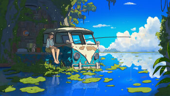 1girl abandoned abandoned_car animal barefoot black_hair blue_sky cat chinese_commentary cloud cloudy_sky day fishing fishing_rod full_body grass holding holding_fishing_rod long_hair moss motor_vehicle nature nemushima ocean original outdoors overgrown plant reflection reflective_liquid scenery shirt short_sleeves sitting sky solo summer tree van water white_shirt wide_shot