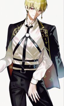 Rule 34 | 1boy, belt, black belt, black jacket, black pants, blonde hair, collared shirt, earrings, fate (series), gilgamesh (fate), gold earrings, gold trim, goryu hant, highres, jacket, jacket on shoulders, jewelry, long sleeves, looking at viewer, male focus, o-ring, pants, red eyes, shirt, solo, white background, white shirt