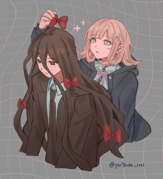 Rule 34 | 1boy, 1girl, :o, absurdres, alternate hairstyle, blush stickers, bow, brown hair, brown jacket, brown necktie, collared shirt, cropped torso, danganronpa (series), danganronpa 2: goodbye despair, flipped hair, grey background, hair bow, hair ornament, highres, jacket, kamukura izuru, long hair, long sleeves, medium hair, nanami chiaki, neck ribbon, necktie, oepn jacket, open clothes, open jacket, pink eyes, pink ribbon, red bow, ribbon, shirt, sparkle, white shirt, yuyu (yu9kola 1011)