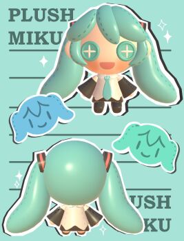 1girl 3d :d absurdres aqua_hair blush button_eyes buttons character_doll chibi chibi_only detached_sleeves doll english_text hatsune_miku highres lavy_(lavnko) long_hair multiple_views necktie open_mouth outline skirt smile sparkle twintails very_long_hair vocaloid white_outline