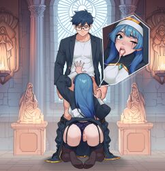 1boy 1girl after_fellatio anus ass black_thighhighs blue_dress blue_eyes blue_gemstone blue_hair blue_jacket blue_panties blue_pants breasts candle caroline_(nayt_layt) clothes_pull clothing_aside coif commentary cum cum_in_mouth cum_string dress english_commentary feet garter_straps gem glasses gold_trim hetero highres indoors jacket kneeling large_breasts long_hair long_sleeves looking_at_another looking_down makeup nayt_layt no_shoes nun one_eye_closed open_clothes open_jacket open_mouth original panties panties_aside pants pants_pull puffy_long_sleeves puffy_sleeves pussy runny_makeup sculpture shirt short_hair soles standing t-shirt tearing_up thighhighs toes tongue tongue_out uncensored underwear white_shirt window