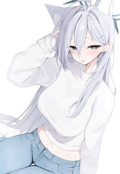 1girl alternate_costume animal_ear_fluff animal_ears blue_archive blue_pants breasts broken_halo casual commentary_request cropped_sweater cross cross_hair_ornament dark_halo denim enight extra_ears grey_hair hair_ornament halo highres inverted_cross jeans long_sleeves looking_at_viewer medium_breasts mismatched_pupils navel nenight pants shiroko_(blue_archive) shiroko_terror_(blue_archive) solo sweater underwear white_sweater wolf_ears wolf_girl