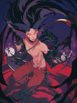 1boy bat_wings belt black_hair chromatic_aberration claws colored_sclera commentary_request dragon_boy dragon_quest dragon_quest_builders_2 extra_arms fins floating_hair glowing glowing_eyes head_fins highres hip_bones horns jewelry long_hair looking_at_viewer male_focus monster_boy nashi_kashi navel necklace open_mouth orange_pants pants purple_background red_background red_belt red_eyes scales sharp_teeth sidoh_(dqb2) skull_belt skull_necklace slit_pupils snake_head_tail solo spiked_hair tail teeth toned toned_male topless_male wings yellow_sclera