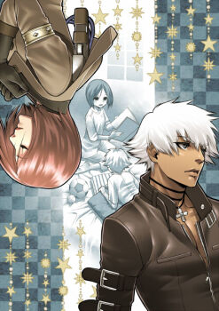1boy 1girl ball baseball_(object) black_jacket book brown_hair closed_eyes comiket_81 cross cross_necklace holding holding_book jacket jewelry k&#039;_(kof) lying multiple_views necklace on_stomach pectoral_cleavage pectorals rotational_symmetry short_hair soccer_ball star_(symbol) the_king_of_fighters whip_(kof) white_hair yorozu