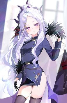 Rule 34 | 1girl, absurdres, ahoge, belt, black belt, black coat, black gloves, black skirt, black thighhighs, blue archive, blurry, coat, coat partially removed, commentary request, cowboy shot, demon girl, demon horns, demon wings, depth of field, felnemo, forehead, fur-trimmed coat, fur trim, gloves, hair ornament, hair ribbon, hairclip, half updo, halo, head tilt, highres, hina (blue archive), horns, indoors, long hair, long sleeves, looking at viewer, military uniform, parted bangs, pencil skirt, purple eyes, ribbon, side slit, sidelocks, skirt, smile, solo, sparkle, textless version, thighhighs, wavy hair, white hair, window, wings, zettai ryouiki