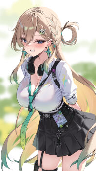 1girl :d aqua_hair aqua_necktie arms_behind_back belt black_skirt blonde_hair blue_eyes blurry blurry_background blush braid breasts chinese_commentary cleavage collared_shirt commentary_request day depth_of_field ear_piercing earrings gradient_hair grin hair_ornament hairclip headphones headphones_around_neck high-waist_skirt highres jewelry large_breasts long_hair looking_at_viewer lynae_(wuthering_waves) miniskirt multicolored_hair multiple_rings necktie open_mouth outdoors parted_lips piercing pleated_skirt pouch ring school_uniform shirt short_sleeves skindentation skirt skull_hair_ornament smile solo thigh_pouch thigh_strap underwear very_long_hair white_shirt wuthering_waves yuxian_youka