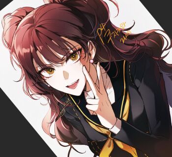 1girl :d black_sailor_collar black_shirt brown_eyes dated dutch_angle earrings hand_up jewelry korean_text kujikawa_rise long_hair long_sleeves neckerchief open_mouth pearl_earrings persona persona_4 portrait red_hair sailor_collar shirt signature smile solo translation_request twintails v white_background yellow_neckerchief yoteh