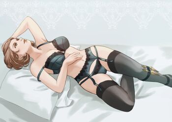 1girl absurdres arm_up bare_arms bare_shoulders bed bra breasts brown_eyes brown_hair cleavage collarbone commentary english_commentary fire_emblem fire_emblem:_three_houses garter_belt green_bra green_panties hand_in_own_hair hand_on_own_stomach highres knife large_breasts lingerie lying manuela_casagranda mature_female navel nintendo on_back on_bed panties parted_lips pillow short_hair smile solo stomach strap_slip tamafry thick_thighs thighhighs thighs underwear weapon