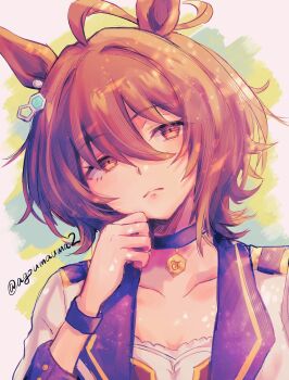1girl agnes_tachyon_(umamusume) agoumauma2 ahoge animal_ears blue_choker breasts brown_hair chemical_structure choker closed_mouth collarbone commentary_request earrings hair_between_eyes highres horse_ears horse_girl jacket jewelry looking_at_viewer medium_hair official_alternate_costume pendant_choker purple_choker red_eyes shirt single_earring small_breasts solo starting_future_(umamusume) umamusume upper_body white_jacket wolf_cut wristband