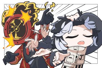 1boy 1other afterimage black_gloves black_hair black_jacket black_pants black_shirt closed_eyes coat commentary_request dante_(limbus_company) flaming_head gloves gold_trim hair_slicked_back jacket jang_schna jujutsu_kaisen lapels limbus_company male_focus motion_lines multicolored_hair naoya_hitting_choso_without_looking_(meme) necktie notched_lapels object_head open_clothes open_coat open_mouth pants project_moon red_coat red_necktie scene_reference shirt short_hair smear_frame speed_lines teeny_(nonzone) teeth two-tone_hair upper_teeth_only white_hair white_jacket