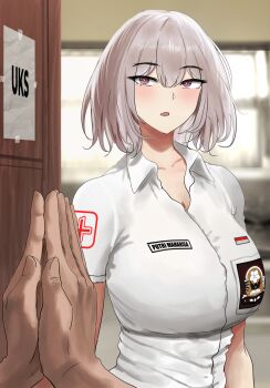 1boy 1girl :o absurdres begging breasts collarbone collared_shirt commentary cross dark-skinned_male dark_skin grey_hair highres indonesian_flag indonesian_high_school_uniform indonesian_text indoors large_breasts name_tag open_door original own_hands_together palms_together parted_lips pov pov_hands purple_eyes putri_maharisa_(vloodozer) red_cross school_uniform shirt short_hair short_sleeves translated vloodozer white_shirt