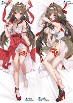 1girl animal_ear_fluff animal_ears armlet bare_shoulders bed_sheet black_shoes blush breasts brown_hair brown_tail china_dress chinese_clothes closed_mouth clover clover_hair_ornament collar commentary commentary_request cross-laced_clothes cross-laced_top dakimakura_(medium) dress droopy_ears english_commentary frilled_collar frilled_shirt frilled_shirt_collar frills hair_ornament hairband highres jewelry lace_socks large_breasts leg_tattoo long_hair long_skirt looking_at_viewer lying matrix16 mixed-language_commentary multicolored_hairband multiple_views official_alternate_costume on_back on_side open_mouth pink_nails red_eyes red_hairband red_skirt shirt shoes silver_armlet single_bare_foot single_shoe skirt smile socks soles tail tattoo toes white_dress white_hairband white_shirt white_socks ye_shunguang ye_shunguang_(touch_of_dawnlight) zenless_zone_zero