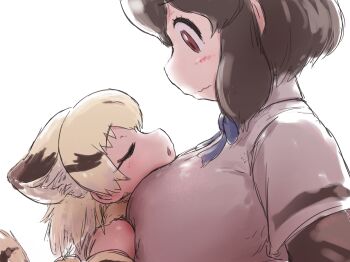 Rule 34 | 2girls, alternate breast size (larger), animal ears, bare shoulders, black hair, blonde hair, bow, bowtie, breasts, brown bear (kemono friends), brown eyes, cat ears, closed eyes, closed mouth, collared shirt, commentary request, ears back, face-to-face, from side, head on chest, head rest, height difference, highres, huge breasts, kemono friends, looking at another, medium hair, multicolored hair, multiple girls, nadegiri, parted lips, sand cat (kemono friends), shirt, short hair, short sleeves, sidelocks, sleeping, sleeveless, sleeveless shirt, two-tone hair, upper body, wavy mouth, wide-eyed