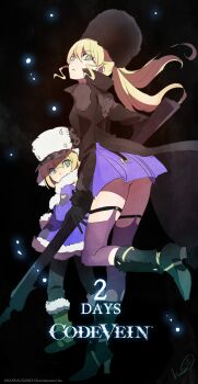 1boy 1girl ass black_coat blonde_hair brother_and_sister coat code_vein collared_jacket fur-trimmed_sleeves fur_hat fur_trim green_eyes hat highres jacket kurumi_kobayashi long_coat mia_karnstein nicola_karnstein no_panties official_art short_twintails siblings tagme thighhighs twintails zettai_ryouiki