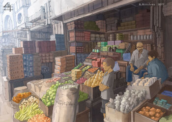 3boys artist_name beard blue_pants blue_shirt box cardboard_box commentary_request covered_eyes crossed_arms dated day facial_hair facing_another food fruit grey_hair grey_shirt grey_shorts hand_up highres k_kanehira long_sleeves male_focus multiple_boys mustache original outdoors pants scenery shirt shop short_hair short_sleeves shorts sitting slice_of_life standing t-shirt thinking very_short_hair