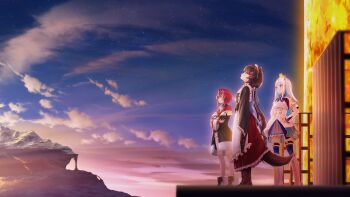 3girls absurdres ange_katrina ange_katrina_(1st_costume) animal animal_ears animal_hair_ornament animal_on_head ankle_boots apron armband back_bow bird bird_on_head black_coat blue_bow blue_eyes blue_hair blue_neckerchief blue_sky blue_thighhighs blunt_bangs blurry blurry_foreground boots bow breasts brown_boots brown_hair brown_kimono brown_tail buttons cardigan closed_mouth cloud coat collared_shrug colored_inner_hair commentary_request crossed_arms dawn dog_ears dog_girl dog_tail double-breasted dress flower frilled_apron frilled_skirt frilled_sleeves frills glowing grey_skirt hair_flower hair_intakes hair_ornament hands_on_own_hips high-waist_skirt highres inui_toko inui_toko_(1st_costume) japanese_clothes kimono knee_boots lace-up_boots lava layered_skirt legwear_garter lize_helesta lize_helesta_(1st_costume) long_hair long_sidelocks long_skirt long_sleeves looking_afar looking_ahead looking_up low_twintails mafupen maid_headdress minecraft miniskirt mountain multicolored_hair multiple_girls neckerchief nijisanji obi obiage obijime off_shoulder on_head pleated_skirt profile purple_eyes red_cardigan red_eyes red_hair red_skirt sanbaka_(nijisanji) sash sebastian_piyodore short_dress short_hair shrug_(clothing) sidelocks skirt sky small_breasts smile standing star_(sky) starry_sky tail tail_under_clothes thighhighs twintails two-tone_hair very_long_hair virtual_youtuber waist_apron white_apron white_boots white_dress white_hair white_headdress white_shrug white_skirt wide_shot zettai_ryouiki