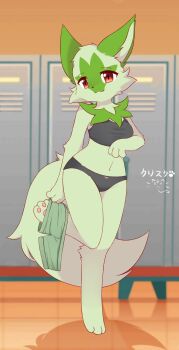 1girl :3 animal animal_ears animal_feet animal_hands barefoot black_bra black_panties bow bow_panties bra breasts cat cat_ears cat_girl cat_tail clothes_pull furry gen_9_pokemon green_fur green_shorts highres kryztar locker locker_room loli looking_at_viewer navel nintendo panties paw_print pokemon pokemon_(creature) red_eyes shorts shorts_around_one_leg shorts_pull small_breasts smile sprigatito standing standing_on_one_leg tail underwear undressing white_bow