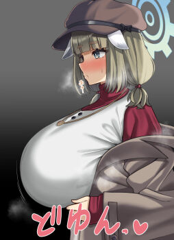 1girl alternate_breast_size_(larger) animal_ears blue_archive blush breasts brown_coat brown_hat coat from_side green_eyes green_hair hair_bobbles hair_ornament halo hat highres huge_breasts long_hair long_sleeves newsboy_cap open_clothes profile shirt twintails yakumo_(blue_archive) zawashi_(zawashio1013)