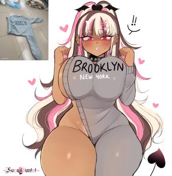 Rule 34 | 1girl, absurdres, breasts, brooklyn sweater, brown hair, character name, cinnabus, commentary, dark-skinned female, dark skin, demon tail, english commentary, heart, highres, huge breasts, indie virtual youtuber, long hair, looking at viewer, multicolored hair, photo inset, pink hair, red eyes, reference inset, succubunini, tail, virtual youtuber, white hair