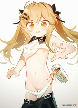 1girl aged_down blush breasts brown_eyes brown_hair can cleft_of_venus clothes_lift commentary_request dropping energy_drink female_focus flat_chest girls&#039;_frontline hair_ornament hairclip highres loli long_hair looking_at_viewer midriff monster_energy navel nipples official_alternate_costume open_mouth panties panty_pull pussy scar scar_across_eye scar_on_face shirt_lift simple_background solo spilling surprised third-party_edit tianliang_duohe_fangdongye twintails ump9_(girls&#039;_frontline) ump9_(shiba_investigator)_(girls&#039;_frontline) uncensored underwear
