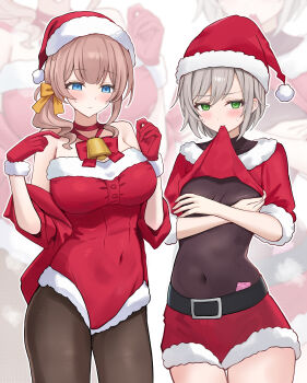 2girls bare_shoulders bell belt black_belt black_leotard black_pantyhose blue_eyes blunt_bangs blush bow bowtie breasts brown_hair christmas closed_mouth clothes_in_mouth clothes_lift commentary_request condom condom_wrapper condom_wrapper_in_clothes covered_navel covering_breasts covering_privates cowboy_shot fur-trimmed_gloves fur-trimmed_headwear fur-trimmed_leotard fur-trimmed_shirt fur-trimmed_shorts fur_trim gloves green_eyes grey_hair hair_bow hands_up hat highres hinomori_shiho jacket large_breasts leotard lifting_own_clothes looking_at_viewer medium_hair mochizuki_honami mouth_hold multiple_girls neck_bell off_shoulder orange_bow pantyhose pantyhose_under_leotard project_sekai red_bow red_bowtie red_gloves red_hat red_jacket red_leotard red_shirt red_shorts santa_costume santa_hat shirt shirt_in_mouth shirt_lift short_hair shorts side_ponytail sidelocks small_breasts strapless strapless_leotard sweat swept_bangs three-quarter_sleeves tsurime usagi_melon3 zoom_layer