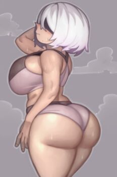 1girl 2b_(nier:automata) arm_up ass ass_focus bare_shoulders black_sports_bra blindfold blush breasts closed_mouth curvy from_behind from_side grey_panties grey_sports_bra highres huge_ass huge_breasts kelvin_hiu nier:automata nier_(series) panties short_hair solo sports_bra sports_panties sweat thick_thighs thighs toned toned_female two-tone_sports_bra underwear white_hair wide_hips