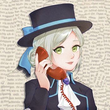 1girl :d adversarial_noise ascot black_coat black_hat blue_bow boater_hat bow brown_background coat collared_shirt commentary corded_phone english_commentary green_eyes grey_hair hair_bun hand_up hat hat_bow holding holding_phone klaukezia looking_at_viewer lowres open_mouth phone portrait reverse:1999 shirt short_hair single_side_bun smile solo vertin_(reverse:1999) white_ascot white_shirt