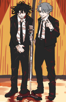 2boys black_hair black_necktie black_suit curtains dante_alighieri_(fate) fate/grand_order fate_(series) formal_clothes grey_hair james_moriarty_(ruler)_(fate) male_focus microphone microphone_stand multiple_boys necktie one_eye_closed own_hands_together pon-de-c2 red_nails stage stand-up_comedy suit watch wristwatch