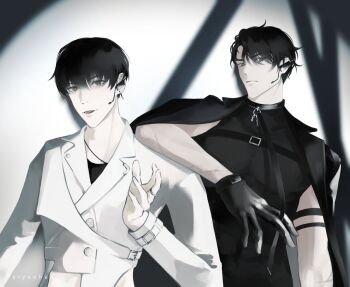 2boys black_coat black_eyes black_gloves black_hair black_shirt coat collar cowboy_shot elbow_on_another&#039;s_shoulder elbow_rest gloves head_tilt headset holding_own_leash jewelry kim_dokja leash looking_at_viewer male_focus multiple_boys omniscient_reader&#039;s_viewpoint ring shirt short_hair white_coat yiyuehua yoo_joonghyuk