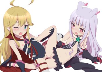 2girls ahoge antenna_hair bare_shoulders bikini black_bikini black_cape black_footwear black_gloves black_leotard black_skirt blonde_hair blue_eyes blush cape censored kodomo_doushi clawed_gauntlets commission commissioner_upload covered_navel crossover doronjo female_focus flat_chest gauntlets gloves grey_hair highres hoshimiya_kate kannazuki_genshi knee_up leaning_back leg_grab leopard_(yatterman) leotard loli long_hair lying microskirt mosaic_censoring multiple_girls navel nipples no_panties on_back on_side one_eye_closed open_mouth pussy pussy_juice red_cape red_eyes sekai_seifuku:_bouryaku_no_zvezda shoes simple_background skeb_commission skirt spread_legs strapless strapless_leotard swimsuit thigh_strap thighhighs thighs time_bokan_(series) torn_clothes torn_leotard trait_connection tribadism venera-sama white_background white_thighhighs yatterman yoru_no_yatterman yuri