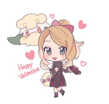 1girl :d bag blonde_hair blush chibi commentary_request cottonee dress eyelashes full_body gen_5_pokemon grey_eyes happy happy_valentine heart highres hime_(himetya105) holding long_sleeves looking_at_viewer nintendo official_alternate_costume open_mouth parted_bangs pokemon pokemon_(creature) pokemon_masters_ex serena_(palentine's_2021)_(pokemon) serena_(pokemon) shoes shoulder_bag sidelocks smile socks standing sunglasses white-framed_eyewear